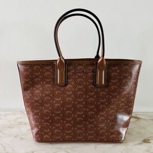 MICHAEL KORS Jodie Luggage Brown Tan Logo Print Small Tote Bag